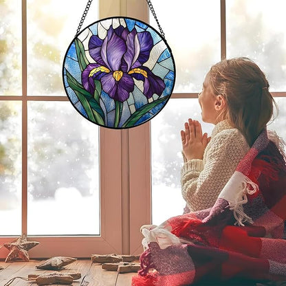 Stained Glass Window Hanging - Iris Birth Flower Suncatcher for Doors Garden Yard Purple Blue Sun Catchers Decor Christmas Mother's Day Birthday Gifts for Teacher Women Mom Nana 15 in