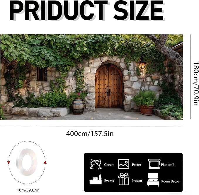 Garage door banner cover, 6x13 ft old stone house features ivy background, Large Outdoor Backyard Landscape Decoration (Stone House)