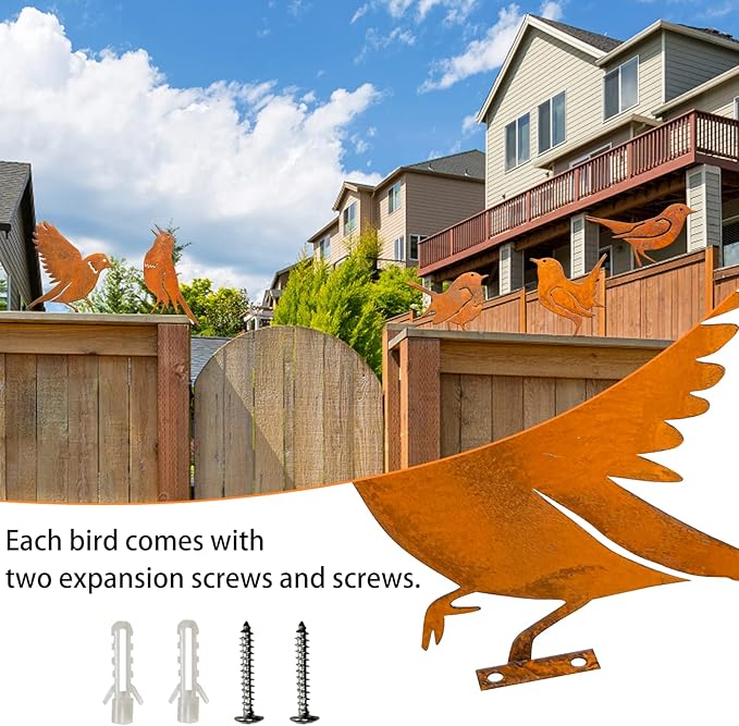 Rusty Bird Silhouette with Rusty Patina Birds Decoration Lifelike Metal Birds Garden Ornaments Silhouette Simulation Bird Figurine Rustic Outdoor Patio Yard Adornment (Fretwork)