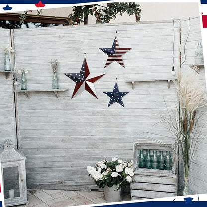 Funrous 3 Pcs Memorial Day Decorations Outdoor 12'' 8'' and 6'' Patriotic Metal Stars American Flag Stars 3D Wall Art Decor 4th of July Barn Star for Home Porch Yard