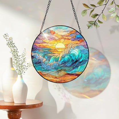7.8 Inch Stained Glass Window Hanging Sunrise Clouds Sea Waves Sandbeach Sun Catcher Indoor Window Door Wall Yard Home Decor Scenery Colorful Glass Panel Suncatcher Gifts for Women Men Mom Grandma