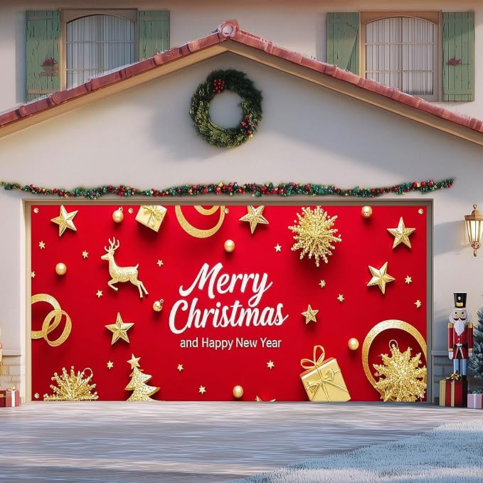 IVN Merry Christmas Happy New Year Garage Door Banner 13x6 ft Christmas Garage Door Wnter Scene Background Indoor Outdoor Red Gold Reindeer Tree Holiday Decorations for Home and Events Wall Backdrop Decor