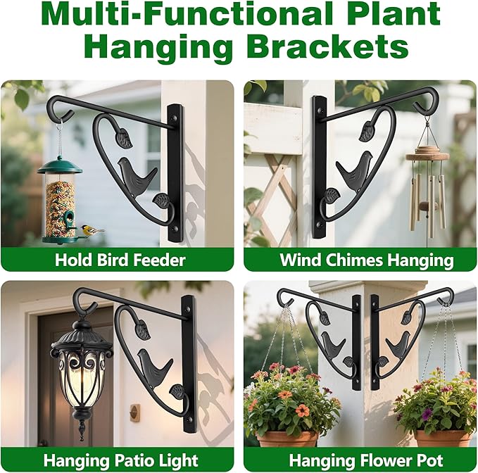 AMAGABELI GARDEN & HOME 4 Pack Hanging Plant Brackets Outdoor 12 inch Metal Fence Wall Plant Hanger Hooks for Hanging Flower Baskets Bird Feeders Lanterns Wind Chimes Rust-Resistant Black
