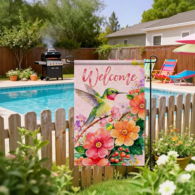 IVN Hummingbird Welcome Garden Flag 12x18 Inch – Spring Summer Floral Outdoor Flag, Double Sided Burlap Yard Flag for Porch Lawn Patio Decor