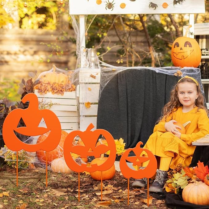3 Pack Halloween Decorations Outdoor Metal Halloween Garden Stakes Metal Ghost Pumpkins Black Cat Yard Signs Decor for Outside Garden Lawn Porch Patio Party Decorations(Pumpkin Style)