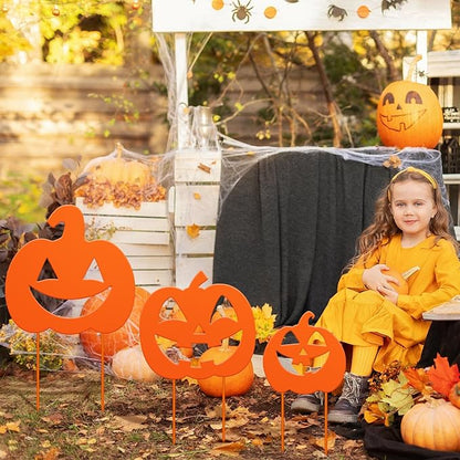 3 Pack Halloween Decorations Outdoor Metal Halloween Garden Stakes Metal Ghost Pumpkins Black Cat Yard Signs Decor for Outside Garden Lawn Porch Patio Party Decorations(Pumpkin Style)