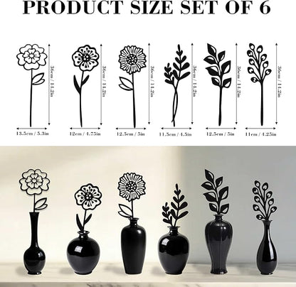 Black Metal Flowers Set of 6 Decorative Garden Stakes Yard Art, Garden Decorations Outdoor Metal Plant Stakes, Flower Bed Decor Garden Art, Plant Decorations for Pots and Flowers for Vase
