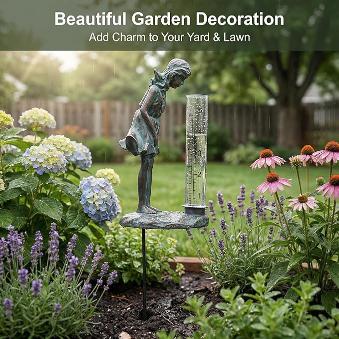 Topadorn Rain Gauge Garden Stake Outdoor Glass Cute Professional Raingauge for Lawn Yard Patio Lady Angel Decor 2oz, 3.5" W x 3" D x 11.5" H