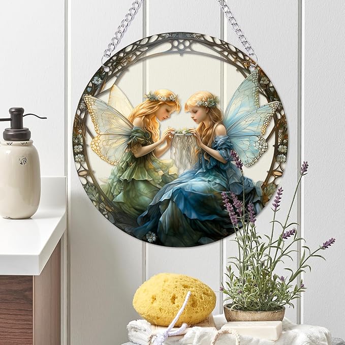 1PC Flower Fairy Acrylic Stained Glass Suncatcher Nature Round Flowers and Girls Suncatcher Hanging Decoration with Metal Chain-SunCatchers for Window Decor Outdoor Garden Decor Gift (A)