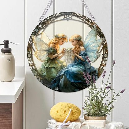 1PC Flower Fairy Acrylic Stained Glass Suncatcher Nature Round Flowers and Girls Suncatcher Hanging Decoration with Metal Chain-SunCatchers for Window Decor Outdoor Garden Decor Gift (A)