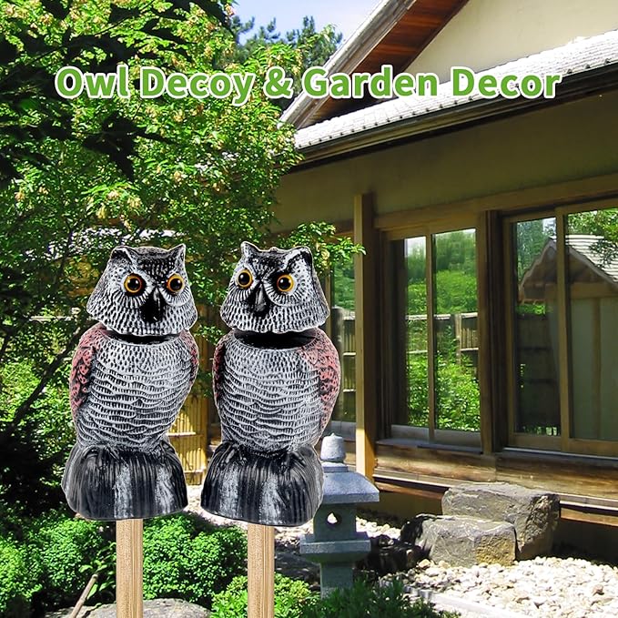 BobbleHead Owl Decoys Sculpture to Scare Birds Away, 2-Pack 8.3" Fake Owl Plastic Scarecrow Bird Deterrent, Natural Enemy Pest Repellent, Garden Decor Statues for outside, Patio, Lawn, Yard Decoration