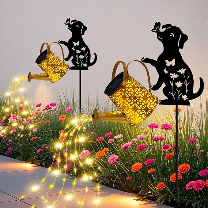 Garden Decor for Outside - Solar Watering Can with Lights, Metal Dog Silhouette Stake with Cascading Waterfall LEDs, Waterproof Yard Art for Lawn Patio, Unique Gardening Gifts for Women Mom 2 Pack