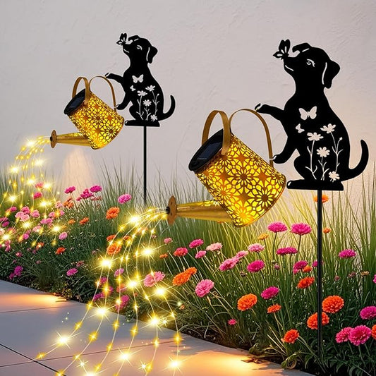 Garden Decor for Outside - Solar Watering Can with Lights, Metal Dog Silhouette Stake with Cascading Waterfall LEDs, Waterproof Yard Art for Lawn Patio, Unique Gardening Gifts for Women Mom 2 Pack