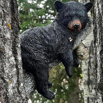 Black Bear Cub & Tree Faces Outdoor Decor - Statue with Stump Sculpture, Garden Peeker Tree Hugger Art for Outdoor Garden Decoration