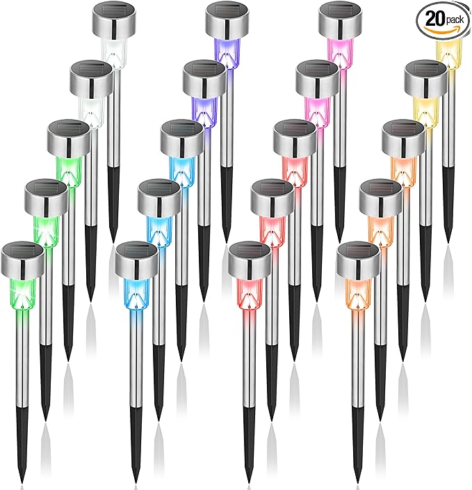 GIGALUMI Solar Lights Outdoor Waterproof, 20 Pack, Stainless Steel LED Solar Garden Lights for Patio, Lawn, Yard and Landscape,Garden Decor Patio Decor, Multicolor