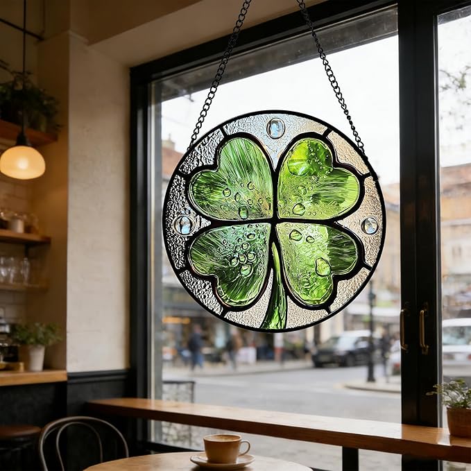 Stained Glass Window Hanging - St. Patrick's Day Green Irish Themed Gifts Sun Catcher Door Home Clover Decor Suncatcher Christmas Mother's Day Birthday Gifts for Women Men Mom Nana 15 in