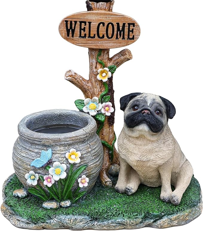 Solar Light Animal Outdoor Statue Planter with Welcome Sign, Resin Garden Sculpture Flower Pot for Patio Lawn Porch Yard Courtyard Decor, Weather-Resistant Decorative Figurine Accent (N)
