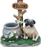 Solar Light Animal Outdoor Statue Planter with Welcome Sign, Resin Garden Sculpture Flower Pot for Patio Lawn Porch Yard Courtyard Decor, Weather-Resistant Decorative Figurine Accent (N)
