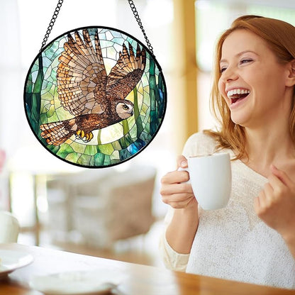 CHATYOUNG Stained Glass Window Hanging Owl Flying with Wings Spread 9.8" - Bird Suncatcher Door Garden Sunroom Sun Catcher Home Decor Birthday Christmas for Mom Men Woman Nana Friend Birds Lovers