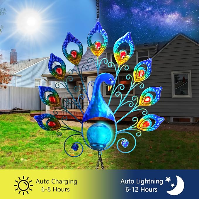 Outdoor Solar Wind Chimes, Metal Large Peacock Wind Chimes LED Lights Cracked Glass Ball Wtaerproof Garden Decorative Lights for Patio Yard Home Decor Gifts (Peacock)