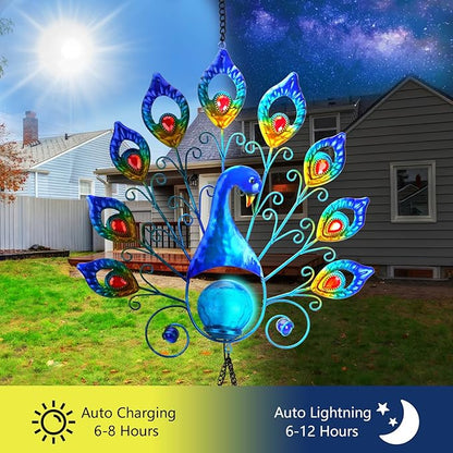 Outdoor Solar Wind Chimes, Metal Large Peacock Wind Chimes LED Lights Cracked Glass Ball Wtaerproof Garden Decorative Lights for Patio Yard Home Decor Gifts (Peacock)