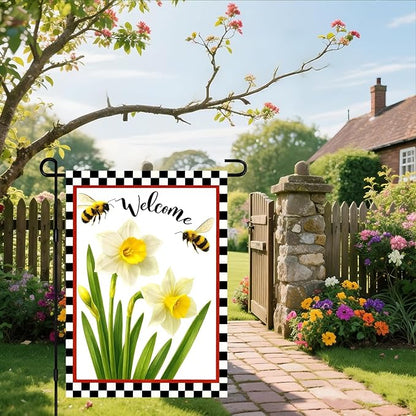 IVN Welcome Garden Flag 12x18 Inch Double Sided Spring Summer Garden Yard Flags White Daffodils Bees Decorative Small Flags for Outdoor Seasonal Front Door Lawn Porch Patio Decor Yard Flag