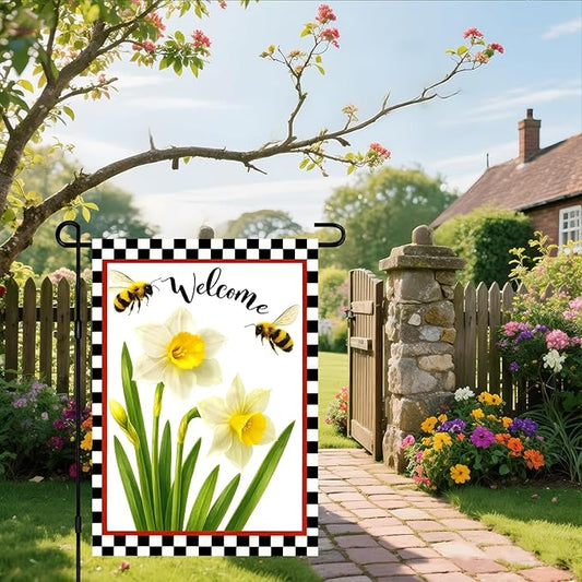 IVN Welcome Garden Flag 12x18 Inch Double Sided Spring Summer Garden Yard Flags White Daffodils Bees Decorative Small Flags for Outdoor Seasonal Front Door Lawn Porch Patio Decor Yard Flag