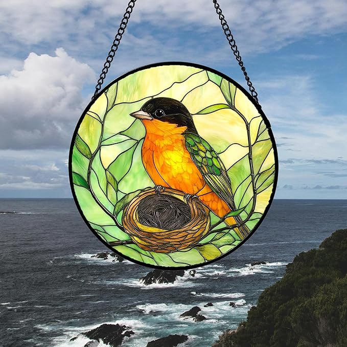 DASTOLL Stained Glass Window Hanging 4 Pcs Set Bird Theme On Branch 9.8" - Cardinal Suncatcher Door Garden Sun Catcher Decor Birthday Christmas for Mom Woman Nana Men