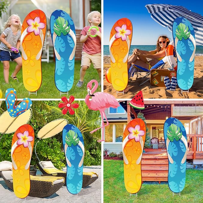2 Pcs Summer Yard Signs Outdoor Lawn Decoration Summer Slippers Waterproof Courtyard Yard Decorations with Stake Garden Lawn Party Courtyard Decoration