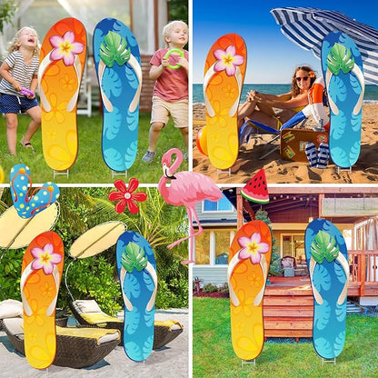 2 Pcs Summer Yard Signs Outdoor Lawn Decoration Summer Slippers Waterproof Courtyard Yard Decorations with Stake Garden Lawn Party Courtyard Decoration