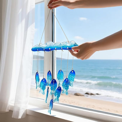 H&D HYALINE & DORA 21 Inch Blue Sea Glass Wind Chimes for Outside Blown Glass Fish Windchime Outdoor Decor for a Harmonic Porch, Patio & Garden