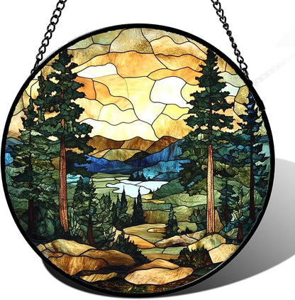 Stained Glass Window Hanging Forest Lake Mountain Sunset 9.8" - Suncatcher Door Garden Sunroom Sun Catcher Home Decor Birthday Christmas for Mom Men Woman Nana Friend