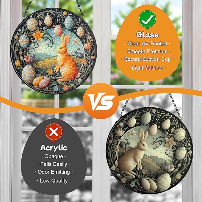 Easter Bunny Stained Glass Window Hanging Suncatcher, Colorful Rabbit with Egg Spring Decor for Home Garden, Animal Glass Art Ornament, Birthday Gift for Women Mom Nana, 7.8 Inch Sun Catcher