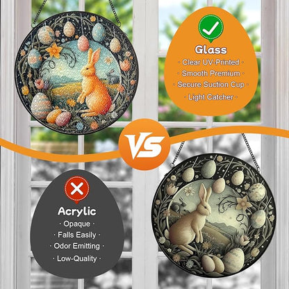 Easter Bunny Stained Glass Window Hanging Suncatcher, Colorful Rabbit with Egg Spring Decor for Home Garden, Animal Glass Art Ornament, Birthday Gift for Women Mom Nana, 7.8 Inch Sun Catcher
