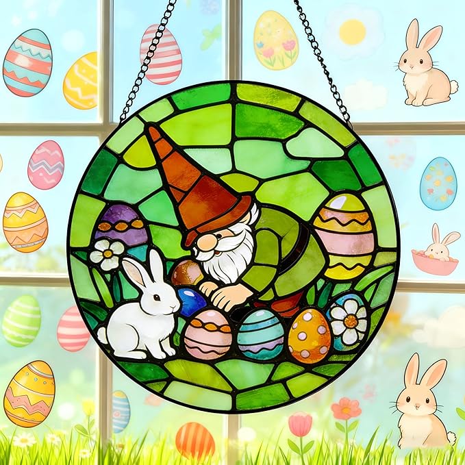 Funoasis Stained Glass Window Hanging Suncatcher - 6.3 Inches Easter Eggs and Rabbit Gnome Ornaments Sun Catcher Home Decor Spring Decoration