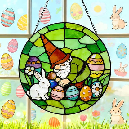 Funoasis Stained Glass Window Hanging Suncatcher - 6.3 Inches Easter Eggs and Rabbit Gnome Ornaments Sun Catcher Home Decor Spring Decoration