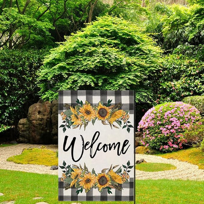 LARMOY Spring Welcome Garden Flag for Outdoor,12×18 Double Sided Black and White Buffalo Plaid with Sunflowers,Small Yard Flags for Summer All Seasons,Seasonal Farmhouse Outside Holiday Decor