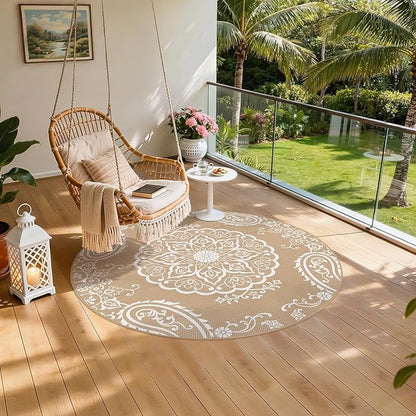 Pauwer Waterproof Outdoor Rug 6ft, Reversible Plastic Straw Patio Camping Rug, Indoor Outdoor RV Mat Carpet for Deck, Camper, Porch, Balcony, Backyard, Picnic, Boho Brown