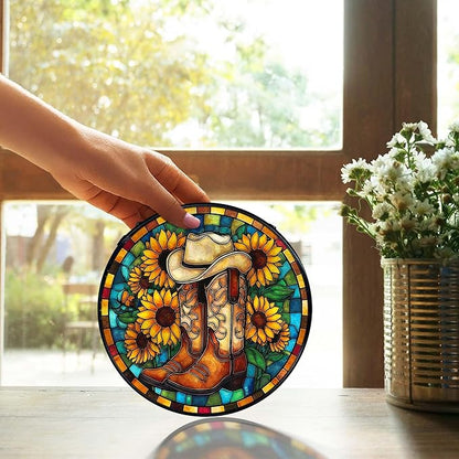 TNUW Western Sunflower Stained Glass Window Hanging, Country Western Cowboy Cowgirl Boots Suncatchers Indoor Window Glass Round Wall Art Decor, Southwestern Wall Hanging Decorations, 7.9＂x7.9＂