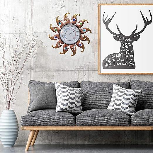 Metal Sun Thermometer Indoor Outdoor Wall Art Decor, Sun with Glass Ball Plaque Sculpture Hanging Mounted for Living Room Bedroom Kitchen Workroom Patio Garden, No Battery Required