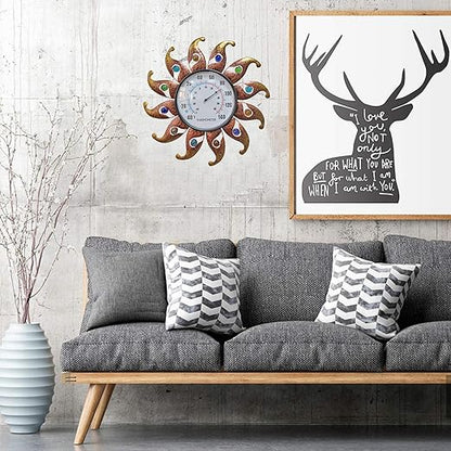 Metal Sun Thermometer Indoor Outdoor Wall Art Decor, Sun with Glass Ball Plaque Sculpture Hanging Mounted for Living Room Bedroom Kitchen Workroom Patio Garden, No Battery Required