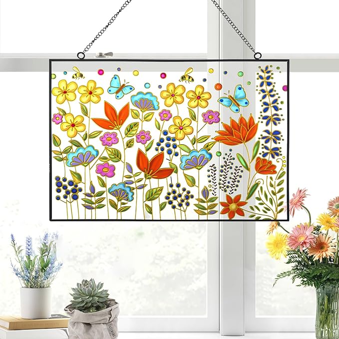 Stained Glass Window Hanging Suncatcher 12.6 Inch Colorful Wildflower Sun Catchers for Window Door Wall Art Home Decoration Christmas Hanging Ornament Gift for Women Mom Grandma Plant Lover