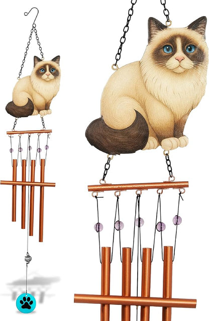 CoTa Global Siamese Cat Wind Chime - Handmade Metal and Glass Hanging Decor, Cream and Brown Cat Garden Ornament with Copper Tubes, Paw Accent, Indoor Outdoor Porch Patio Yard Decoration - 34 Inches