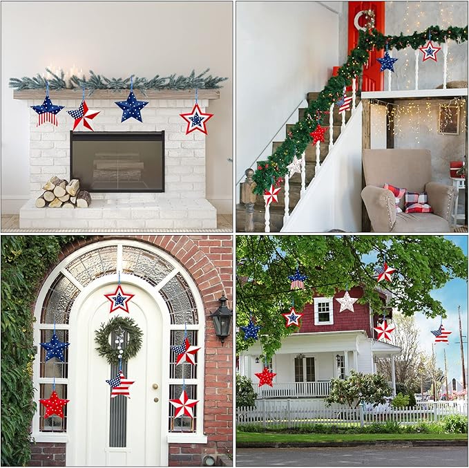 16 Pcs 4th of July Hanging Star Lawn Sign Star Patriotic Yard Signs Decorations Plastic Independence Day Garden Hanging Ornaments for Labor Day Veterans Day Memorial Day Home Garden Yard Tree Decor