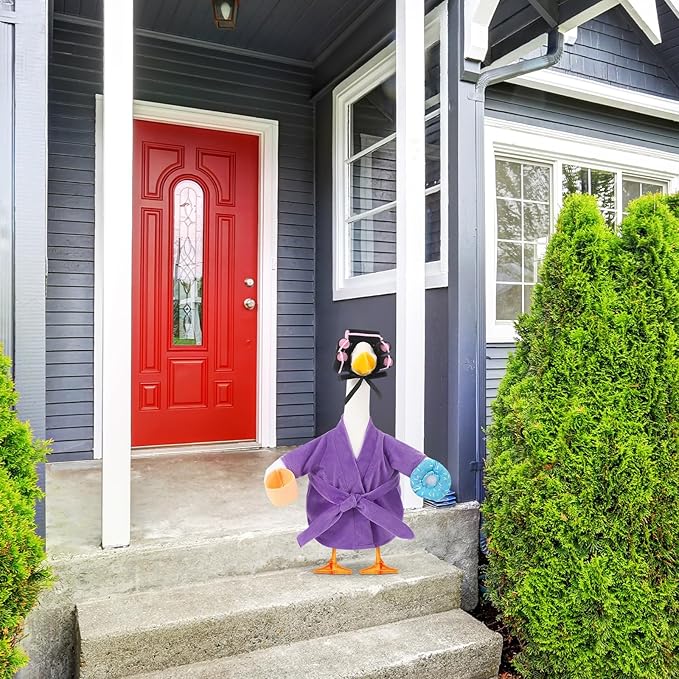 Shyyween Lady Porch Goose Outfit for 17'' Cement Plastic Lawn Goose Statue Clothes Purple Bathrobe Coffee Cup Curlers for Outdoor Garden Yard Patio Decoration
