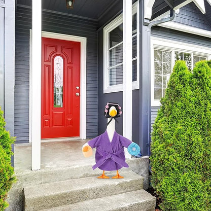 Shyyween Lady Porch Goose Outfit for 17'' Cement Plastic Lawn Goose Statue Clothes Purple Bathrobe Coffee Cup Curlers for Outdoor Garden Yard Patio Decoration