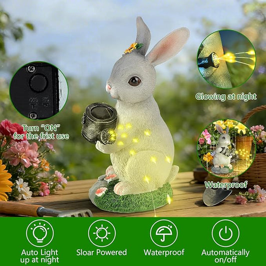 Solar Garden Decor Watering Bunny Statues Outdoor, Outdoor Sculpture Figurine Statue Lights, Outdoor Garden Yard Lawn Patio Decoration, Unique House Warming Birthday Present for Women Family