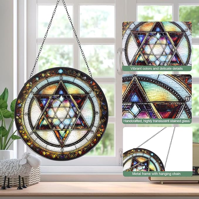 Star of David Stained Glass Window Hanging Suncatcher with Chain - 7.9" Outdoor/Indoor Art Decor for Home Garden, Thanksgiving, Wedding, Mother's, Valentine's & Christmas Ornaments Present