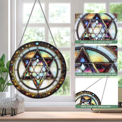 Star of David Stained Glass Window Hanging Suncatcher with Chain - 7.9" Outdoor/Indoor Art Decor for Home Garden, Thanksgiving, Wedding, Mother's, Valentine's & Christmas Ornaments Present
