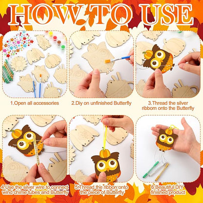 JellyArch 30 Pack Thanksgiving Day Fall Wind Chime Making Kit for Adults Make Your Own Wind Chime Harvest Maple Leaf Wooden Ornaments for DIY Activity Birthday Decoration